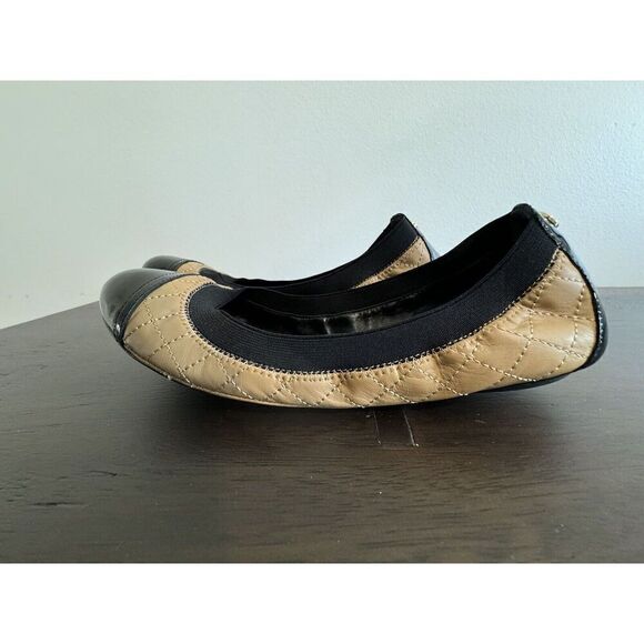 Tory Burch Bridgette Honeywheat Black Leather Quilted Cap Toe Ballet Flats 8.5 M - Picture 4 of 5
